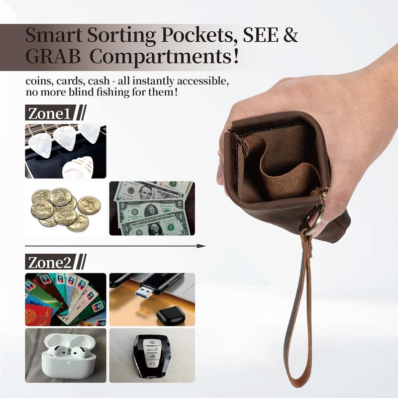 Aesthestyle Leather Coin Purse with Wristlet, Coin Pouch with Dual Interlayer, Card and Change Holder, Change Purse without Zipper, Squeeze Coin Wallet, Handmade Genuine Leather Wallet For Men/Women - Image 2